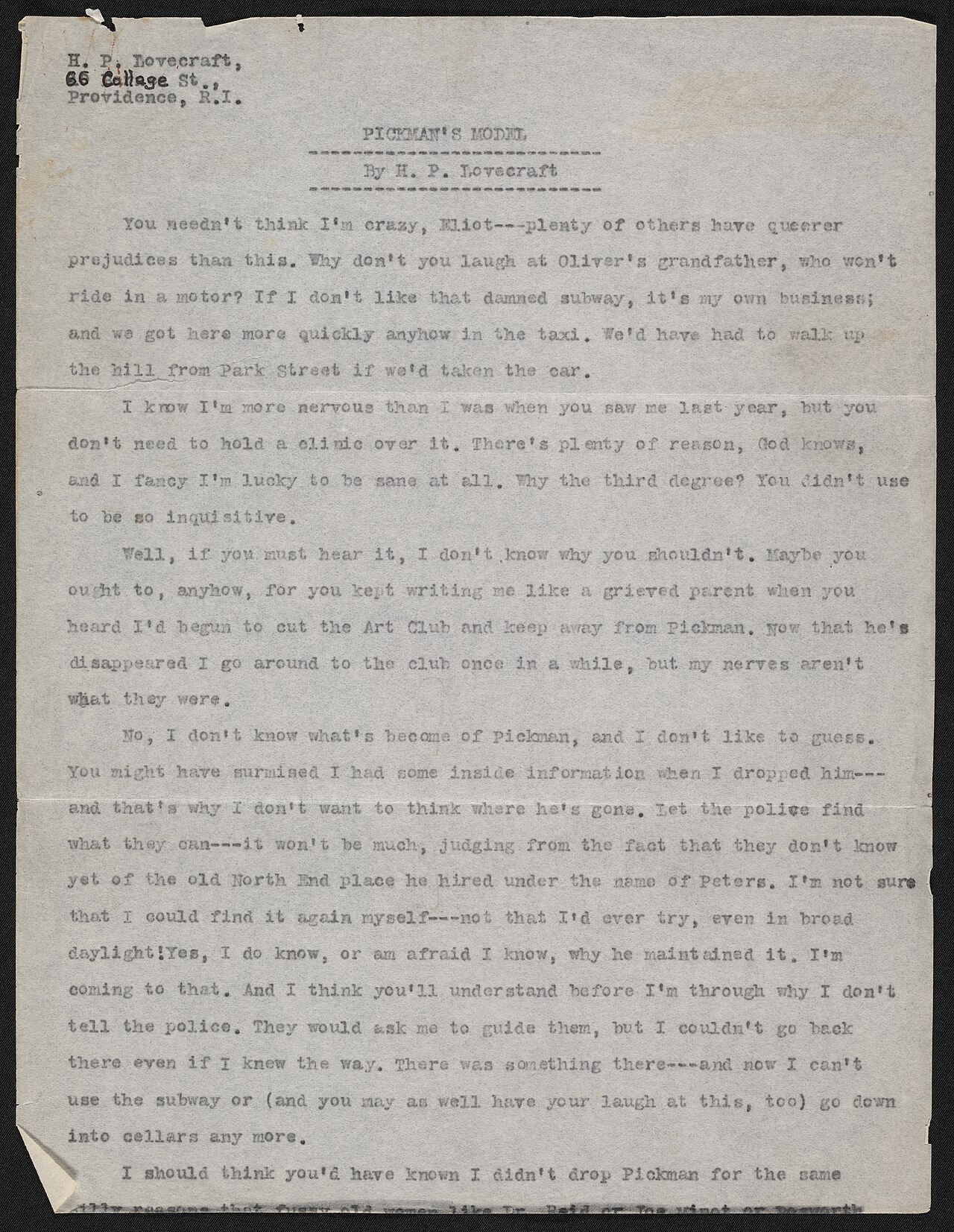 H.P. Lovecraft: Pickman's Model (1927)